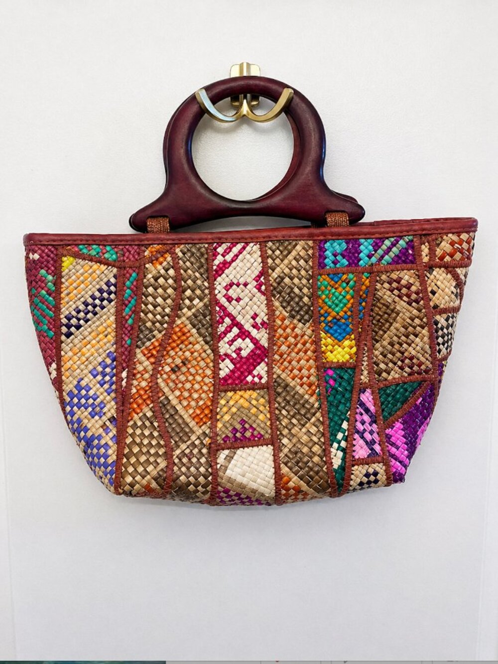 Boho Woven Patchwork Handbag w/ Wooden Handle – Statement Purse